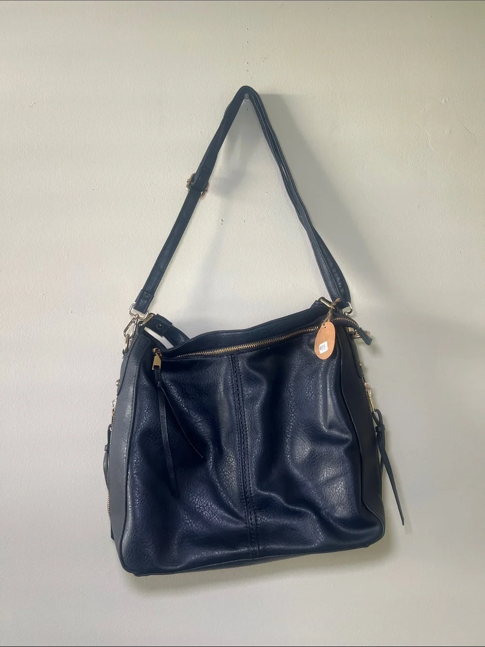 Navy Leather Shoulder Bag with Gold Hardware - Women's